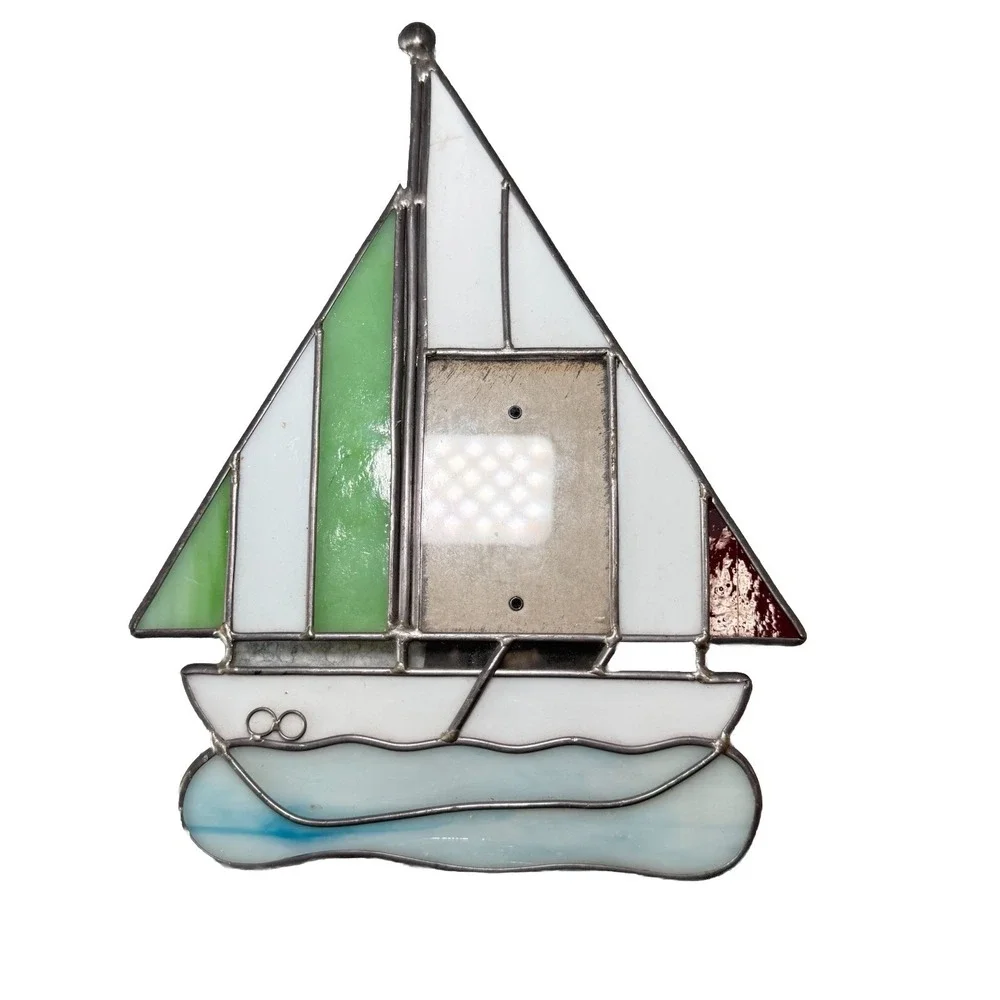 VTG Stained Glass Suncatcher Sailing Vessel‎ w/Built-In Photo Frame Window Wall